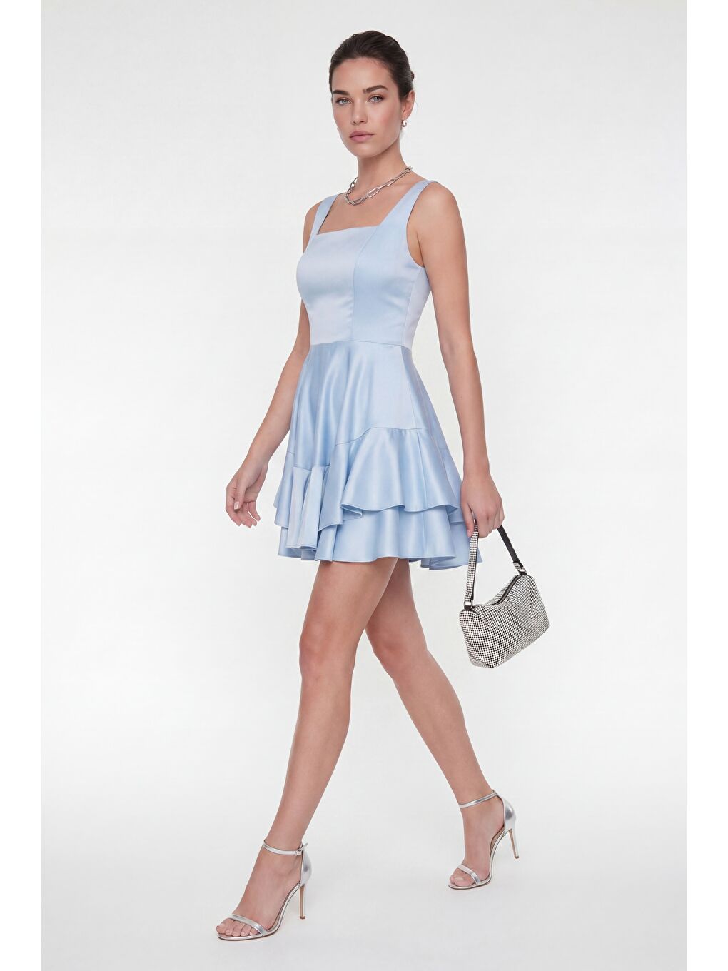 Kadın Bebe Mavi Kare Yaka Fırfırlı Mini Saten Mezuniyet Abiye Elbise