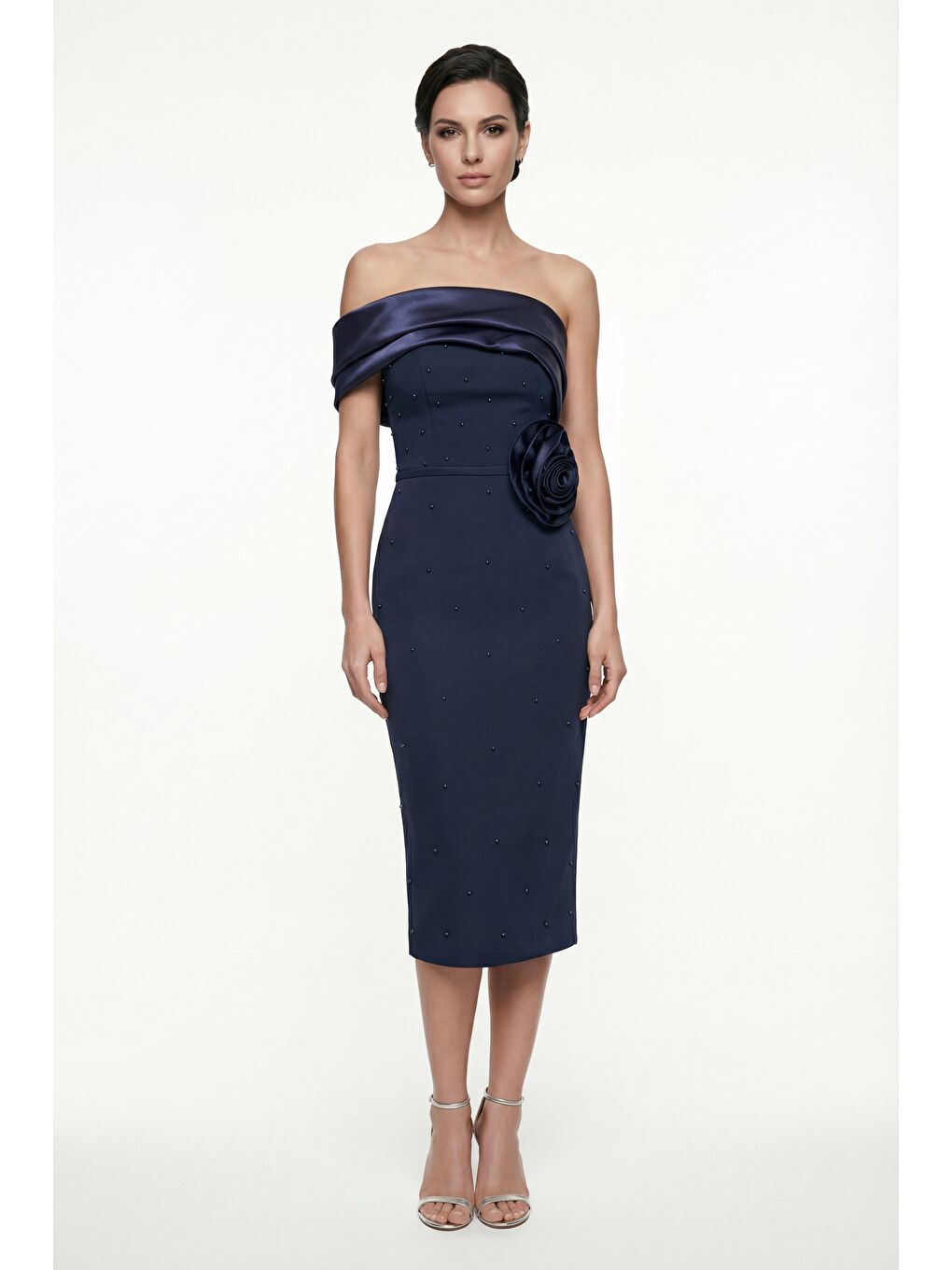 Kadın Lacivert Kayık Yaka İncili Söz Nişan Nikah Abiye Elbise