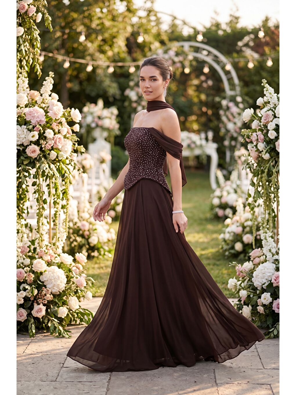 Kadın Kahverengi Şal Yaka Peplum Detay Uzun Şifon Abiye Elbise-4