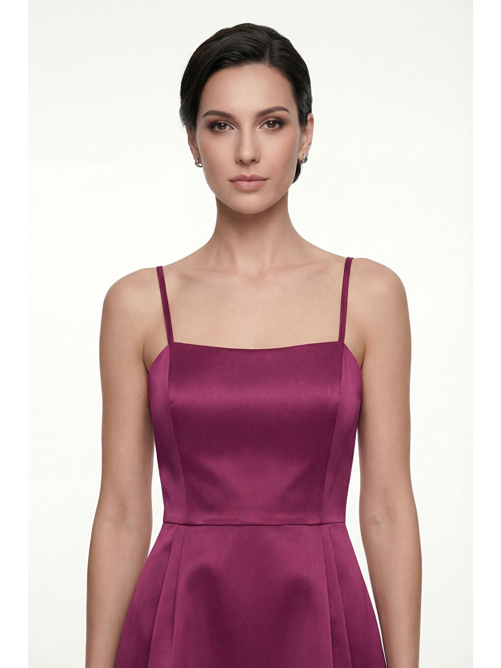 Kadın Bordo İnce Askılı Mini Saten Mezuniyet Abiye Elbise-3