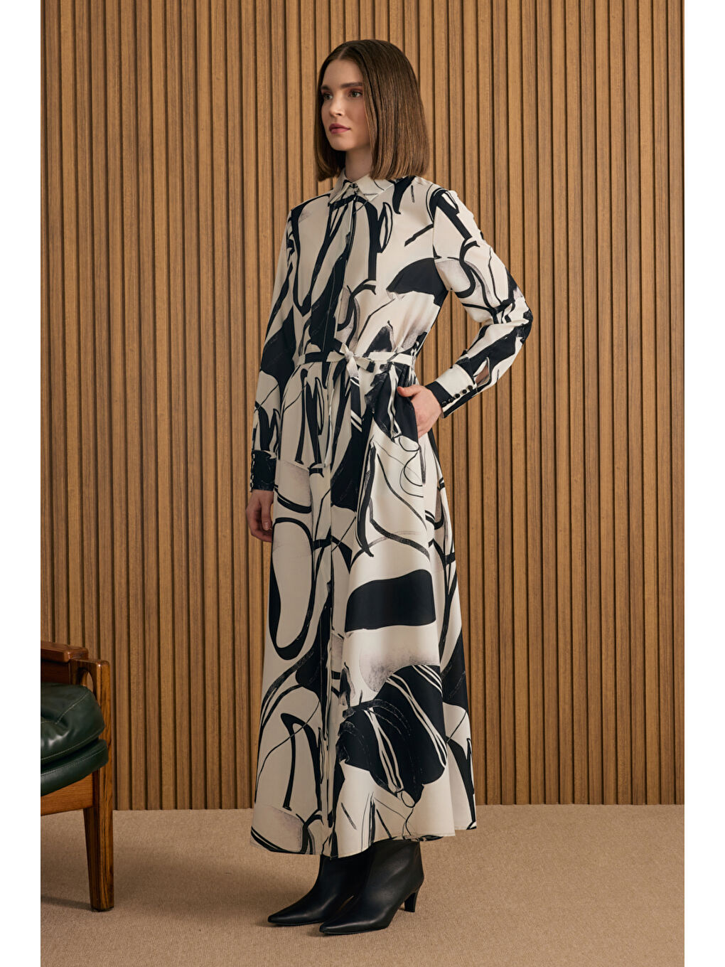 Ekru Desenli Gömlek Elbise-3