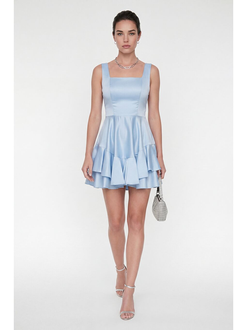 Kadın Bebe Mavi Kare Yaka Fırfırlı Mini Saten Mezuniyet Abiye Elbise-1