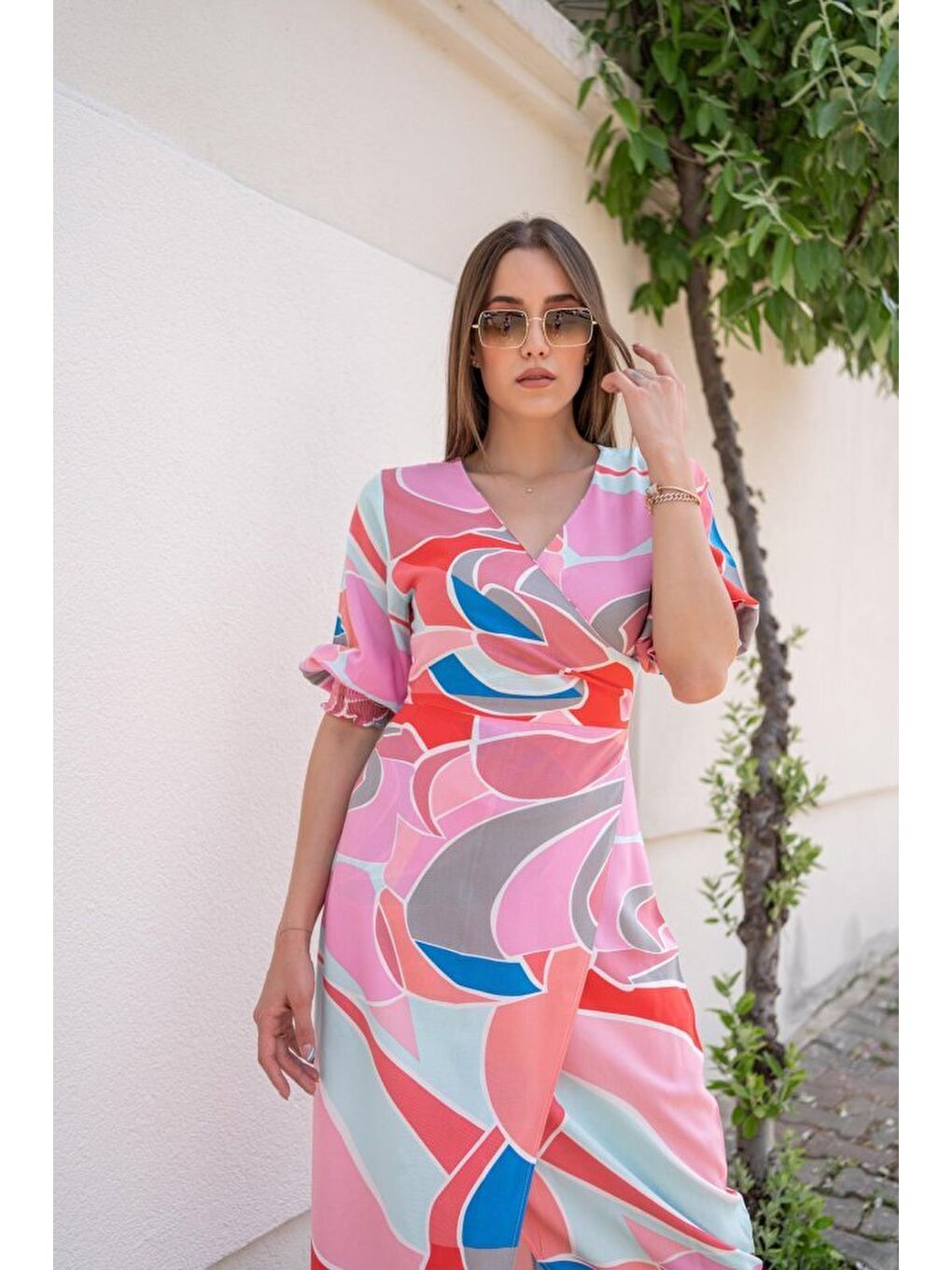 Fuşya Desenli Yırtmaçlı Elbise-2