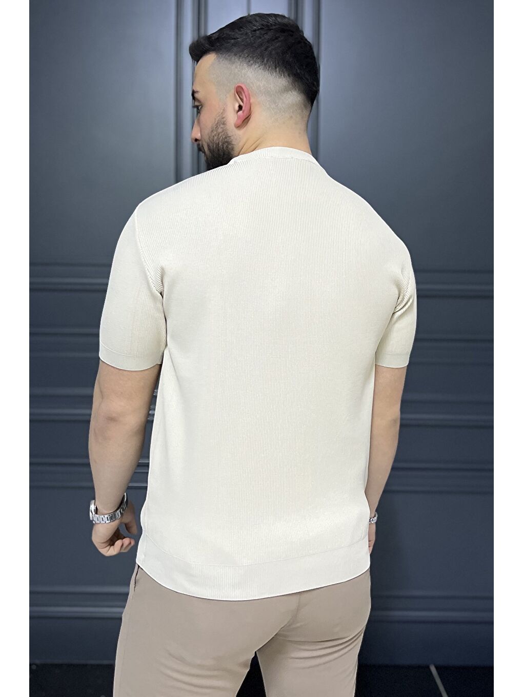 Bej Erkek Bisiklet Yaka Fitilli Tişört-2