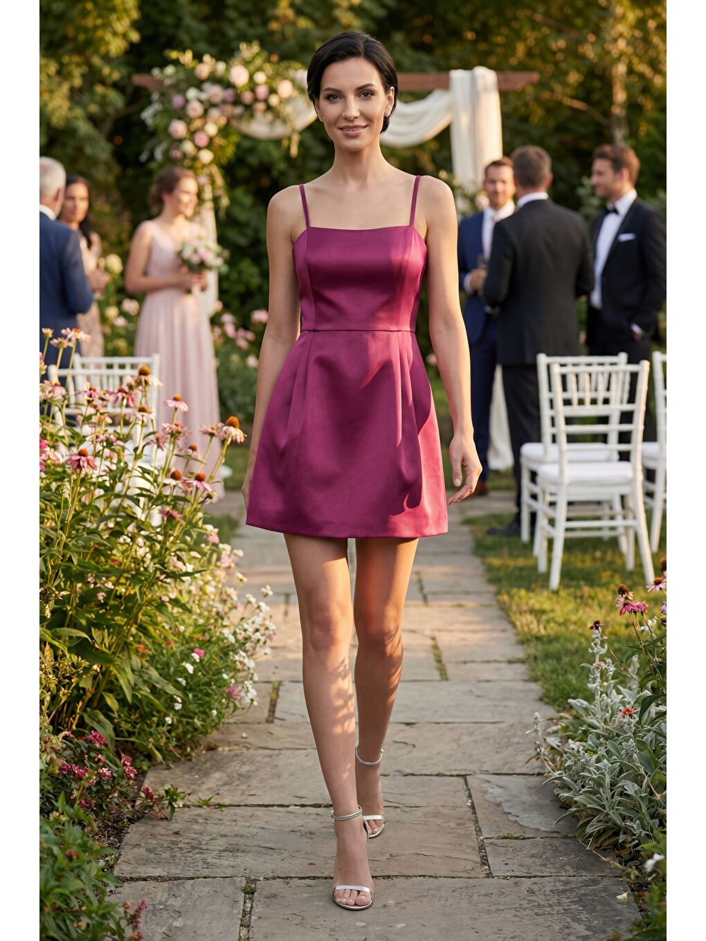 Kadın Bordo İnce Askılı Mini Saten Mezuniyet Abiye Elbise-4