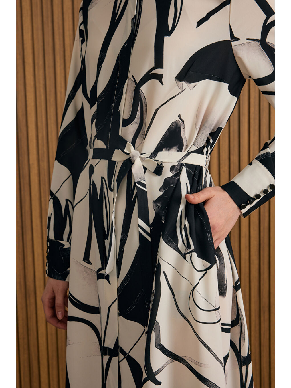 Ekru Desenli Gömlek Elbise-4