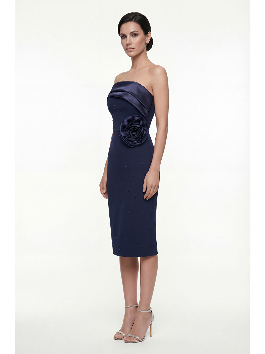 Kadın Lacivert Kayık Yaka İncili Söz Nişan Nikah Abiye Elbise-1