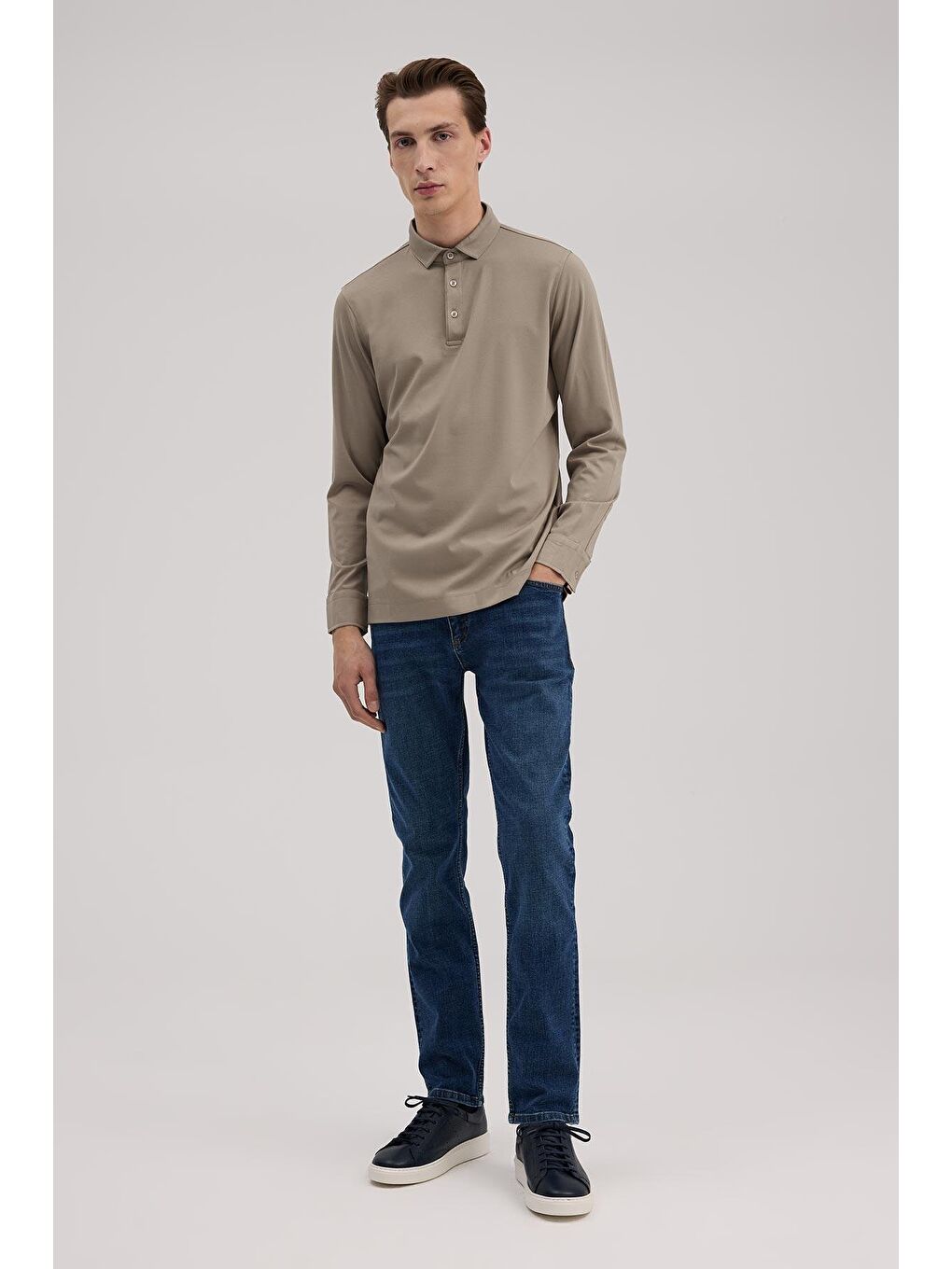 Bej Kahve Slim Fit Polo Yaka Sweatshirt