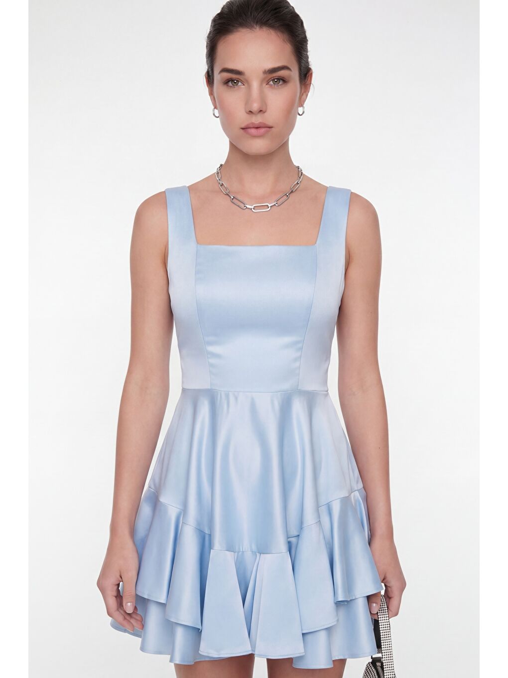 Kadın Bebe Mavi Kare Yaka Fırfırlı Mini Saten Mezuniyet Abiye Elbise-2