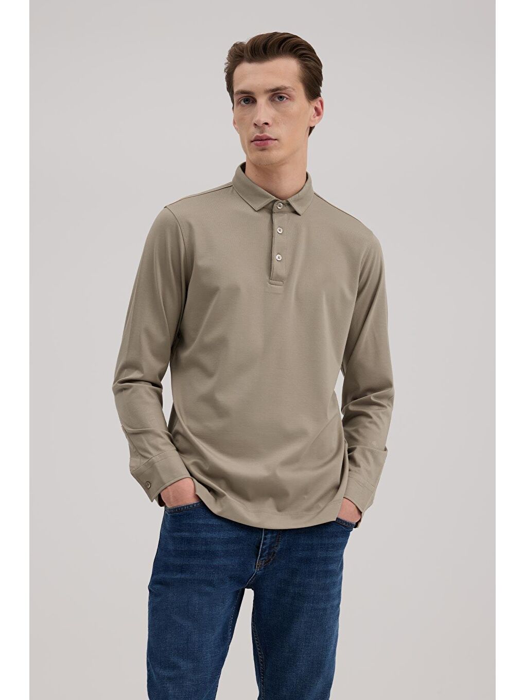 Bej Kahve Slim Fit Polo Yaka Sweatshirt-1