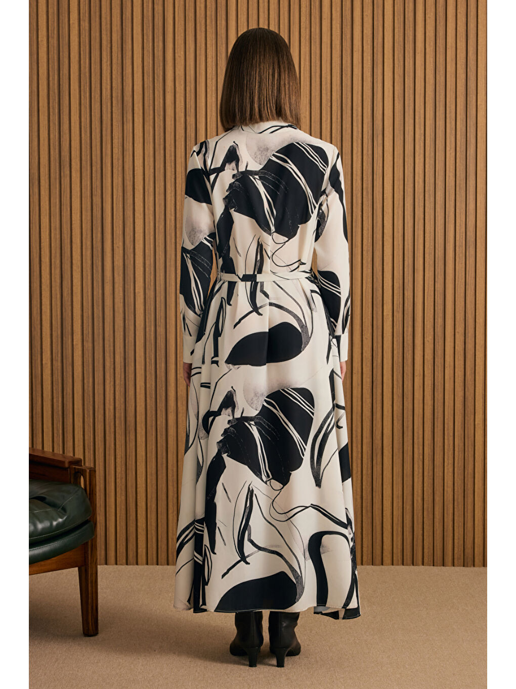 Ekru Desenli Gömlek Elbise-5