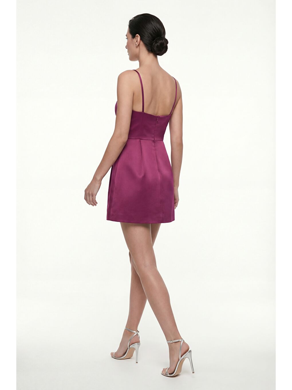 Kadın Bordo İnce Askılı Mini Saten Mezuniyet Abiye Elbise-5