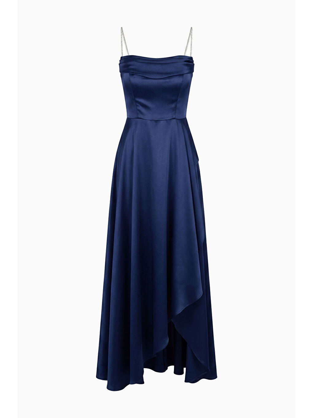 Kadın Lacivert Taş Askılı Yaka Detay Uzun Saten Mezuniyet & Abiye Elbise-5