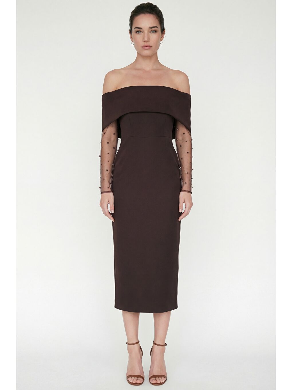 Kadın Kahverengi Kayık Yaka İncili Midi Söz Nişan Nikah Abiye Elbise-1