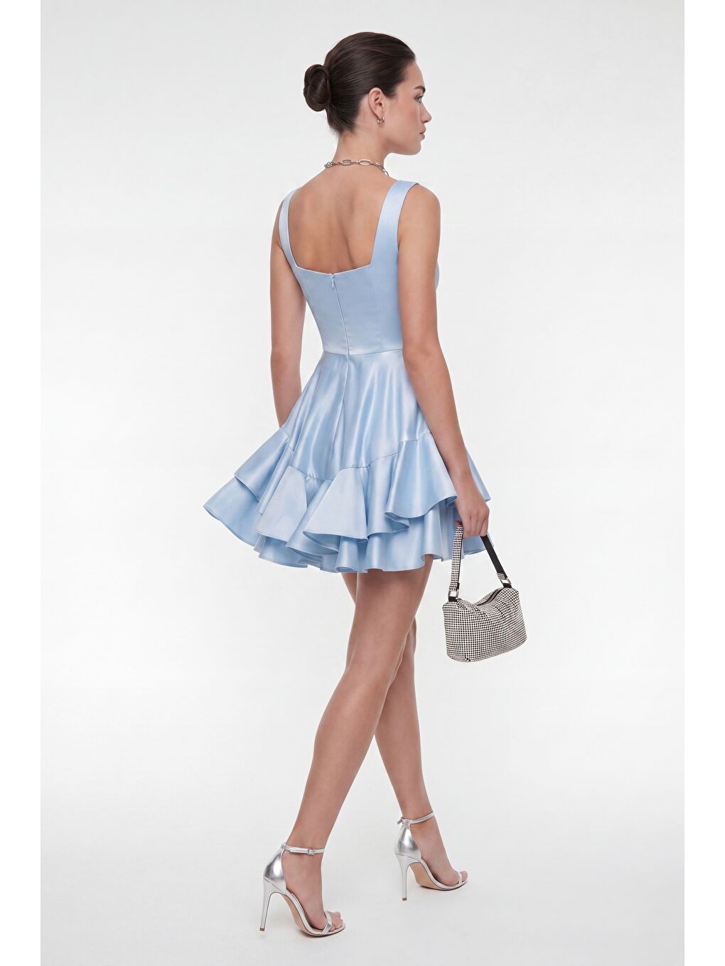 Kadın Bebe Mavi Kare Yaka Fırfırlı Mini Saten Mezuniyet Abiye Elbise-4