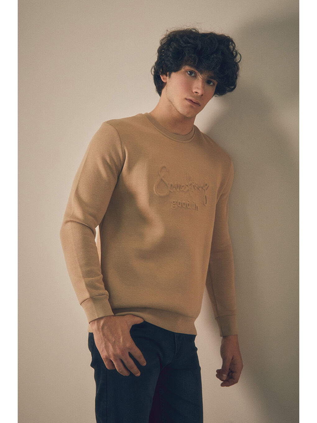 Fullamoda Camel-Bej Kabartmalı Bisiklet Yaka Sweatshirt