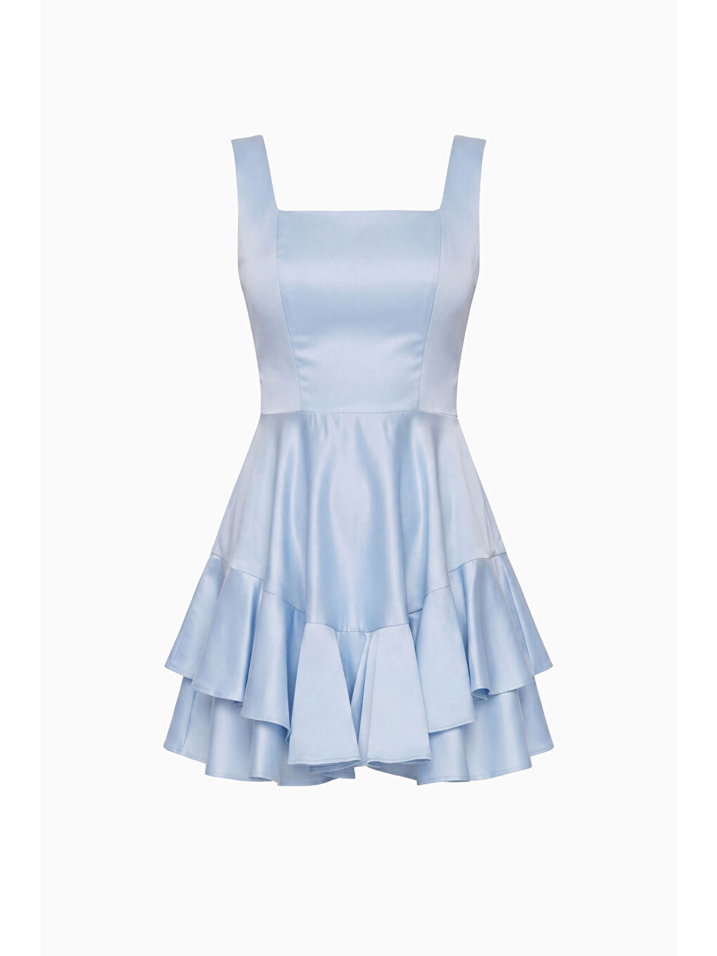 Kadın Bebe Mavi Kare Yaka Fırfırlı Mini Saten Mezuniyet Abiye Elbise-5