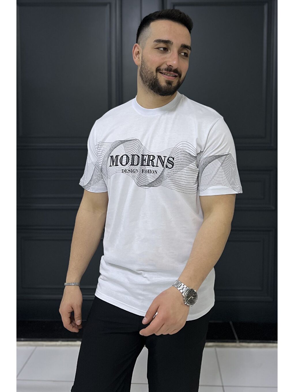 Beyaz Erkek Bisiklet Yaka Baskılı Tişört