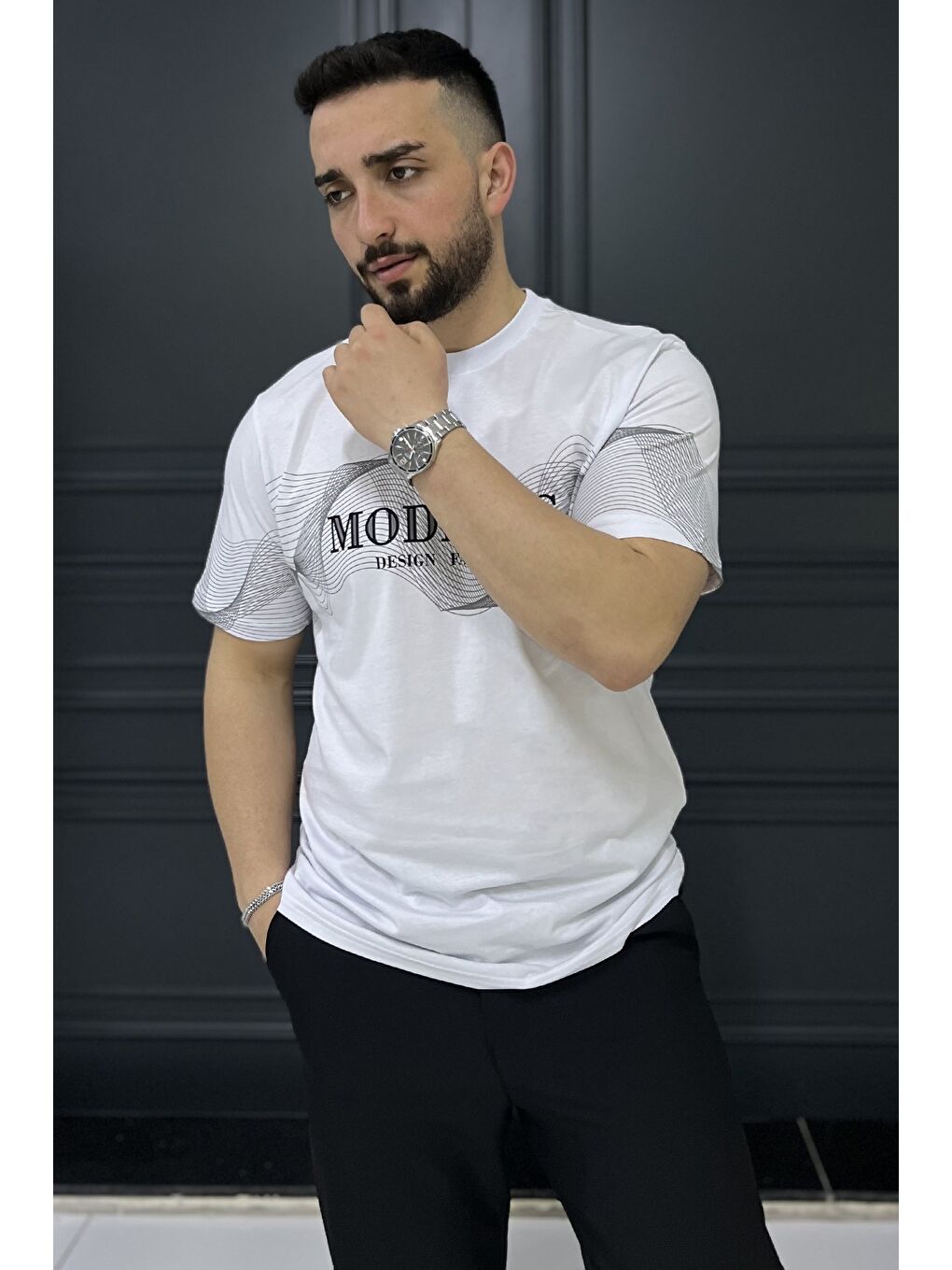 Beyaz Erkek Bisiklet Yaka Baskılı Tişört-1