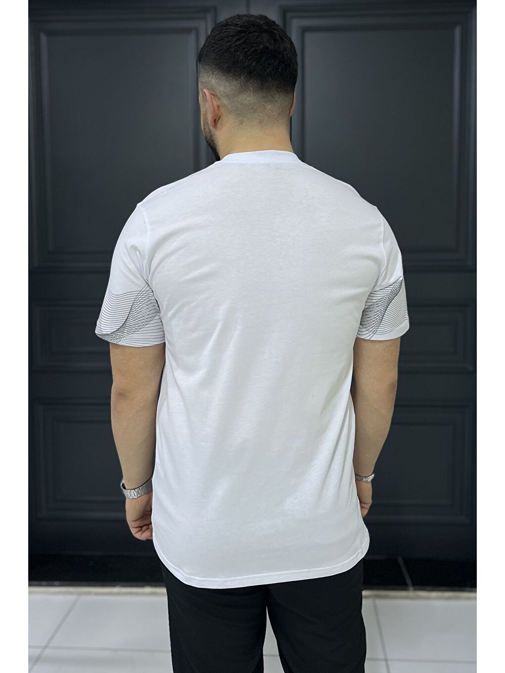 Beyaz Erkek Bisiklet Yaka Baskılı Tişört-2