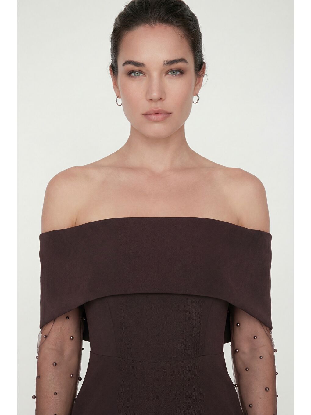 Kadın Kahverengi Kayık Yaka İncili Midi Söz Nişan Nikah Abiye Elbise-2