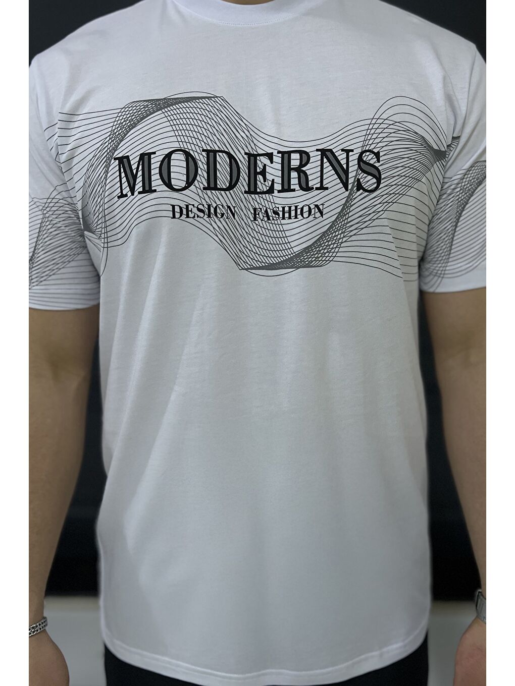 Beyaz Erkek Bisiklet Yaka Baskılı Tişört-3