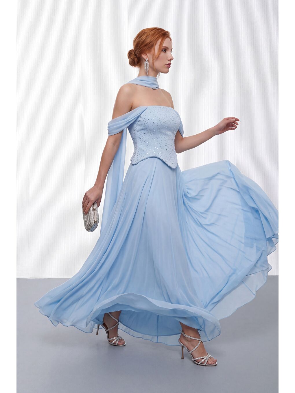 Kadın Bebe Mavi Şal Yaka Peplum Detay Uzun Şifon Abiye Elbise