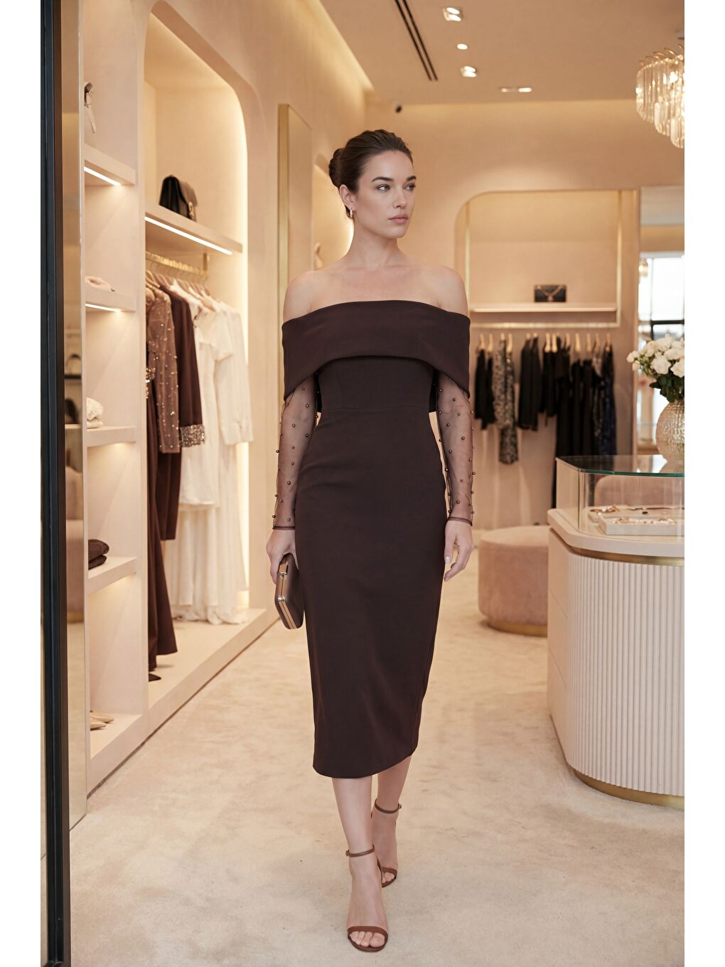 Kadın Kahverengi Kayık Yaka İncili Midi Söz Nişan Nikah Abiye Elbise-4