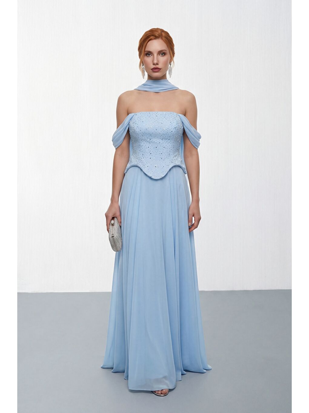 Kadın Bebe Mavi Şal Yaka Peplum Detay Uzun Şifon Abiye Elbise-1