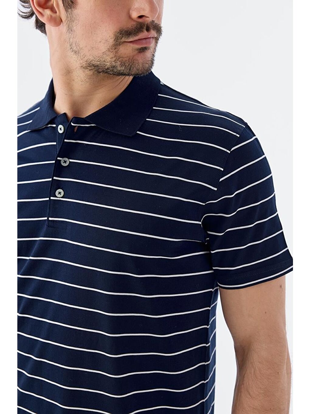 Lacivert Slim Fit Çizgili %100 Pamuk Polo Yaka T-Shirt-2