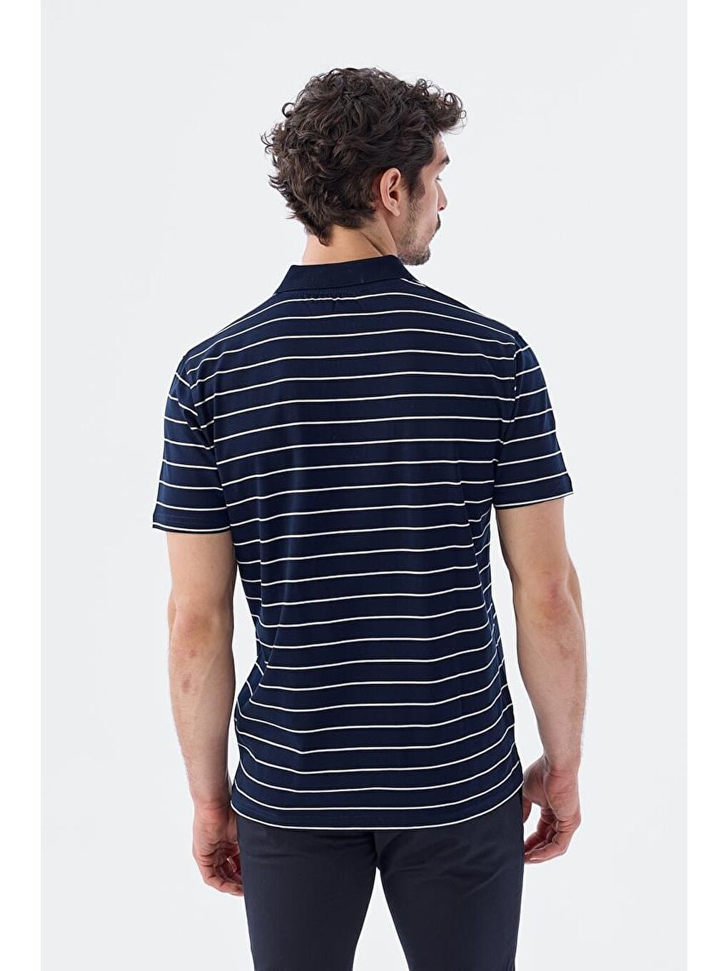 Lacivert Slim Fit Çizgili %100 Pamuk Polo Yaka T-Shirt-3