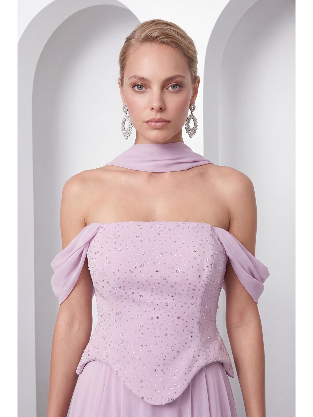 Pembe Kadın Pudra Şal Yaka Peplum Detay Uzun Şifon Abiye Elbise-2