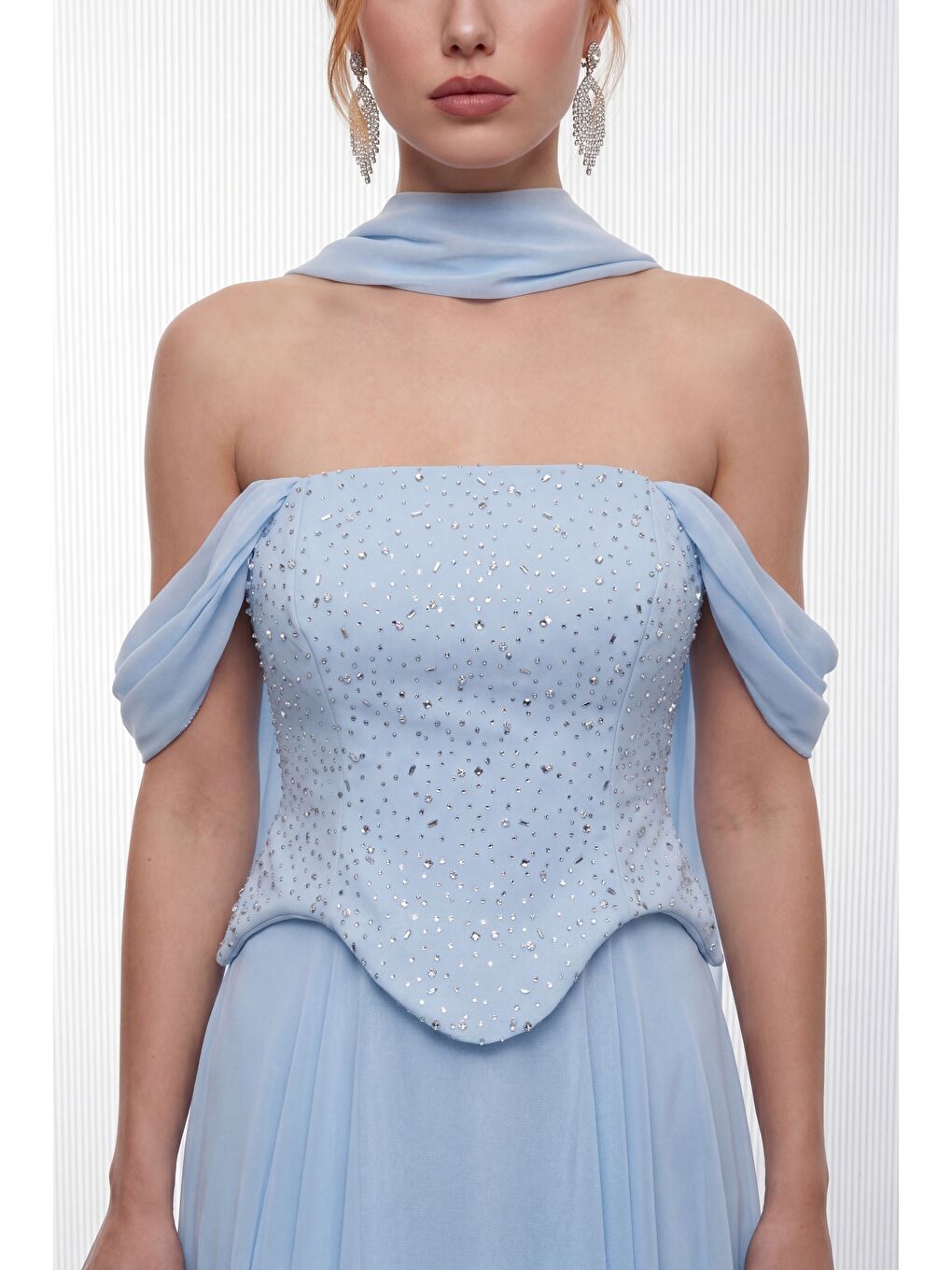 Kadın Bebe Mavi Şal Yaka Peplum Detay Uzun Şifon Abiye Elbise-2