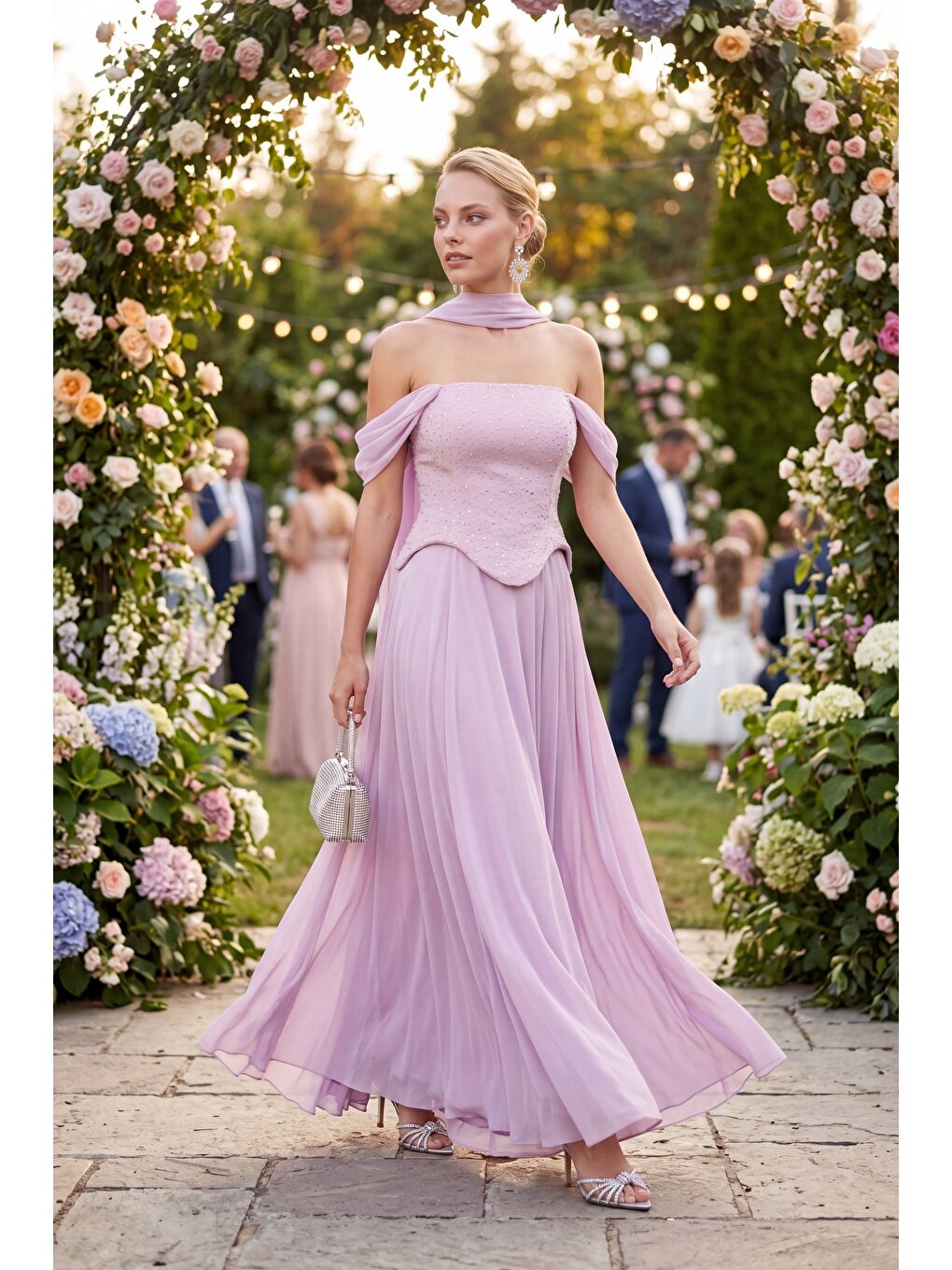 Pembe Kadın Pudra Şal Yaka Peplum Detay Uzun Şifon Abiye Elbise-3