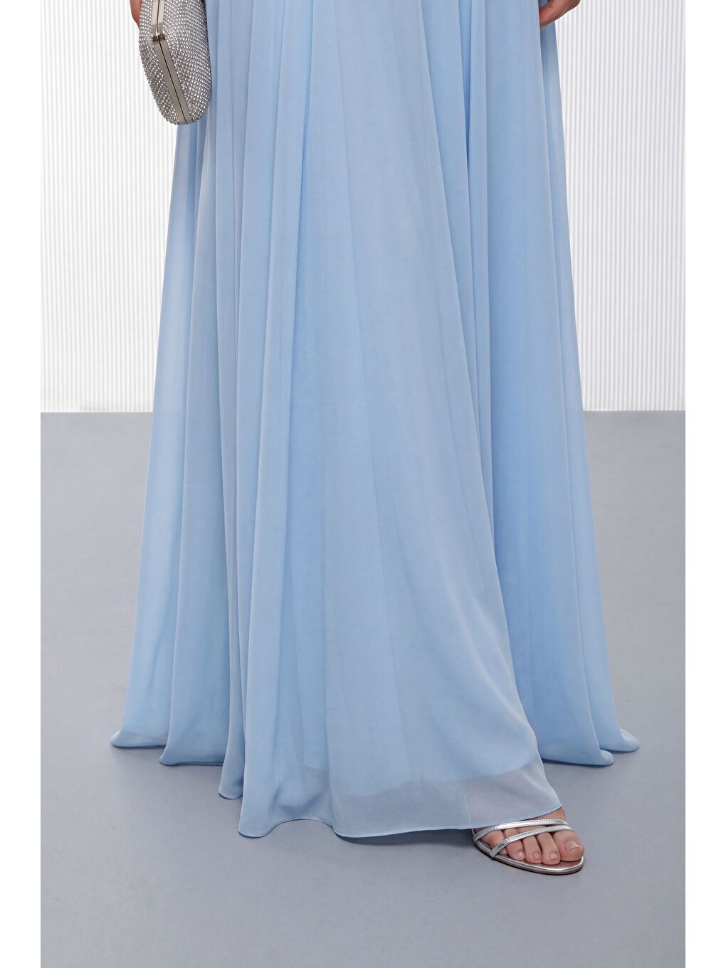 Kadın Bebe Mavi Şal Yaka Peplum Detay Uzun Şifon Abiye Elbise-3
