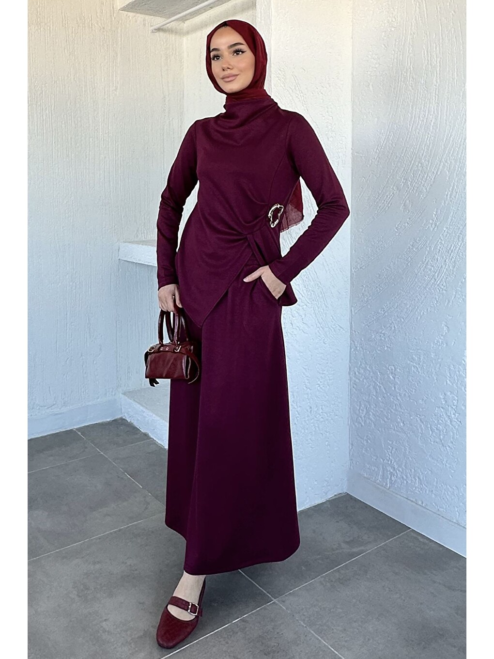 Bordo Gold Toka Detaylı Bluz Bel Lastikli Etek Tesettür İkili Takım-2