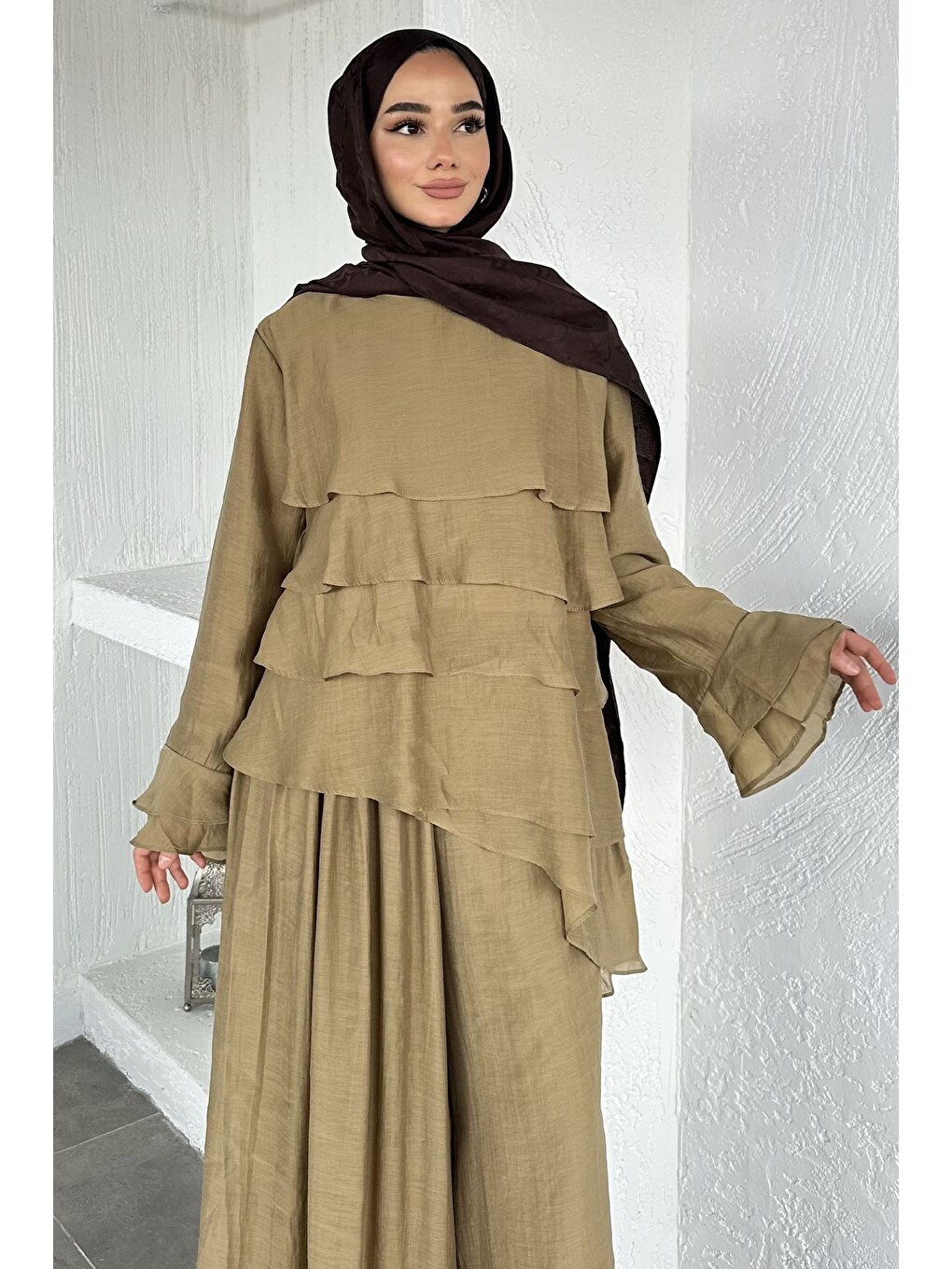 Haki Astarlı Kat Detaylı Bluz Pantolon Tesettür İkili Takım-5