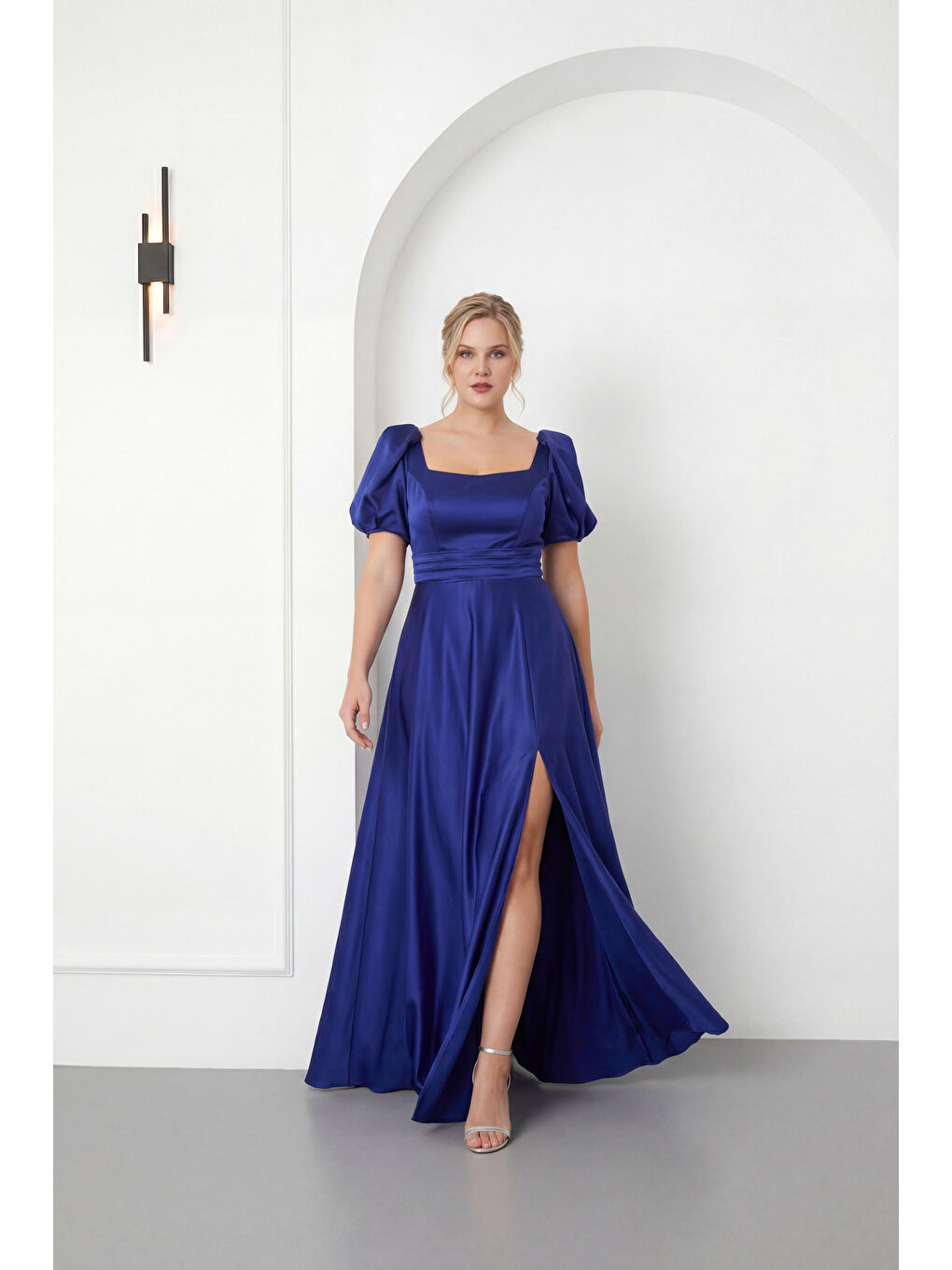 Kadın Lacivert Kare Yaka Balon Kol Yırtmaçlı Söz Nişan Nikah Abiye Elbise-1