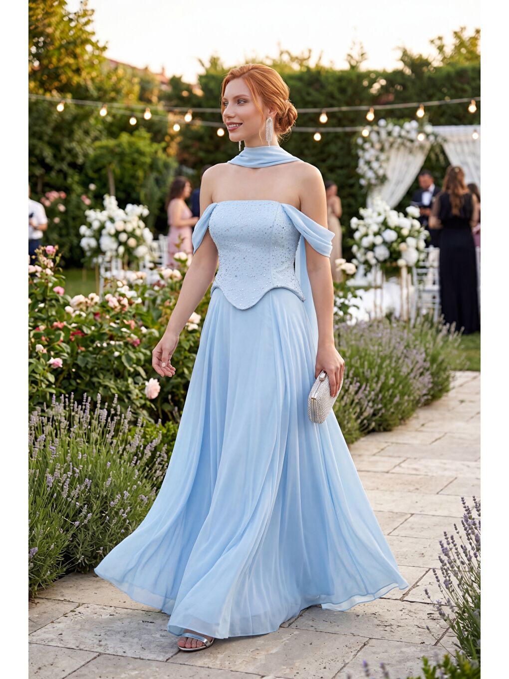 Kadın Bebe Mavi Şal Yaka Peplum Detay Uzun Şifon Abiye Elbise-4