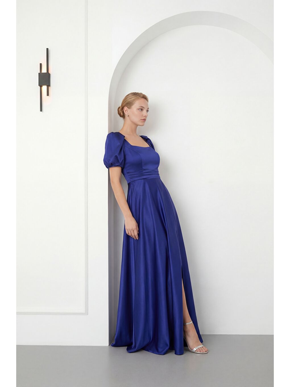 Kadın Lacivert Kare Yaka Balon Kol Yırtmaçlı Söz Nişan Nikah Abiye Elbise-2