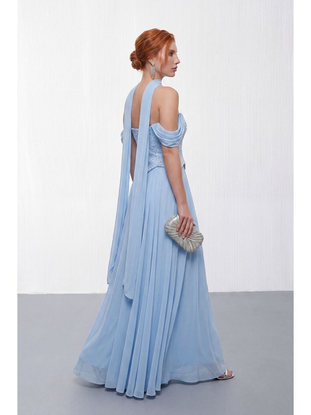 Kadın Bebe Mavi Şal Yaka Peplum Detay Uzun Şifon Abiye Elbise-5