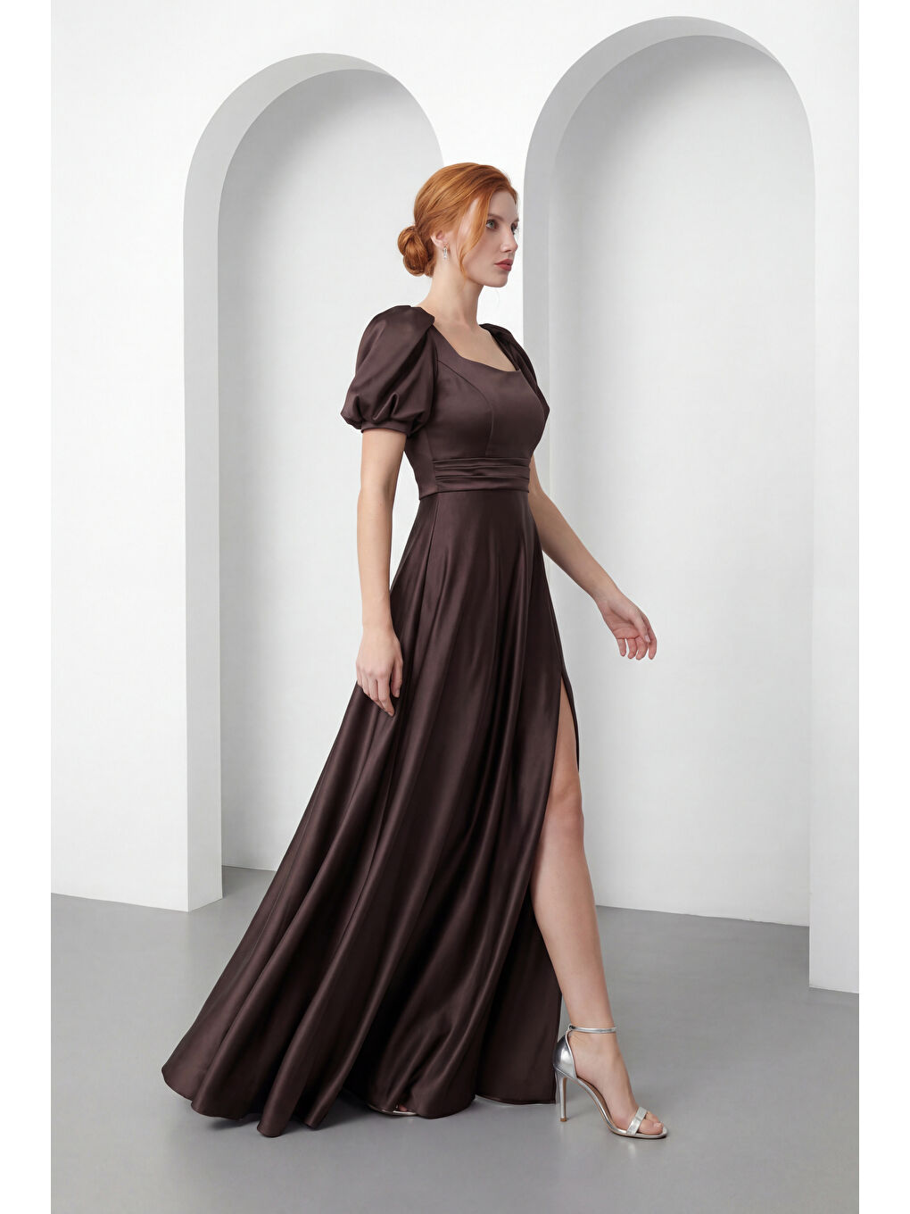 Kadın Kahverengi Kare Yaka Balon Kol Yırtmaçlı Söz Nişan Nikah Abiye Elbise-2