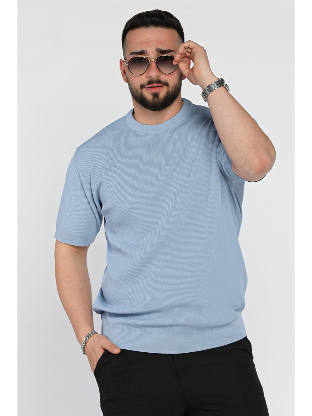 Mavi Erkek Bisiklet Yaka Fitilli Tişört