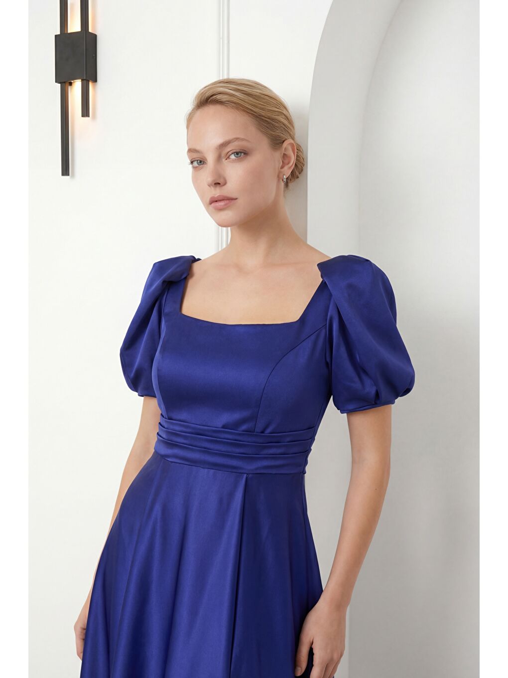 Kadın Lacivert Kare Yaka Balon Kol Yırtmaçlı Söz Nişan Nikah Abiye Elbise-3