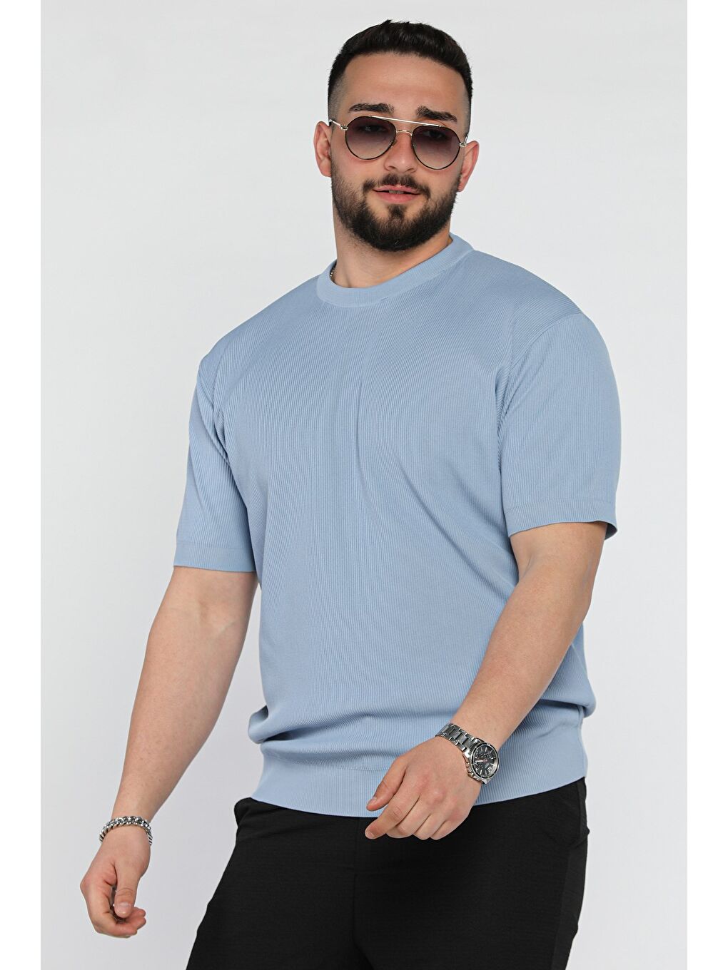 Mavi Erkek Bisiklet Yaka Fitilli Tişört-1