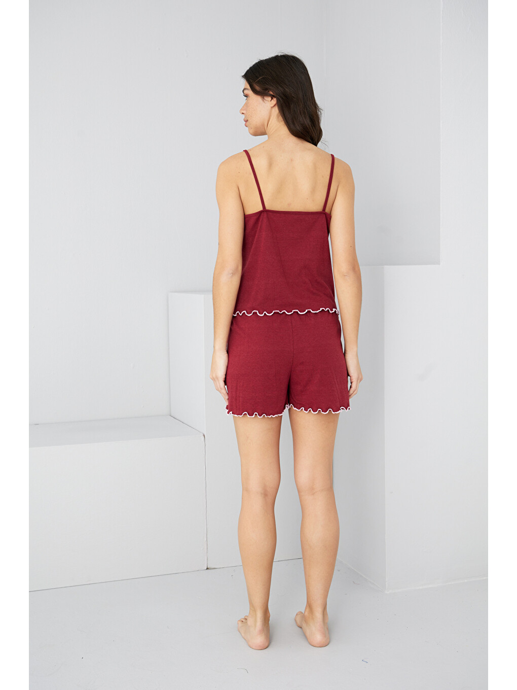 Bordo Kalp Nakışlı İp Askılı Örme Şort Takım7881-2