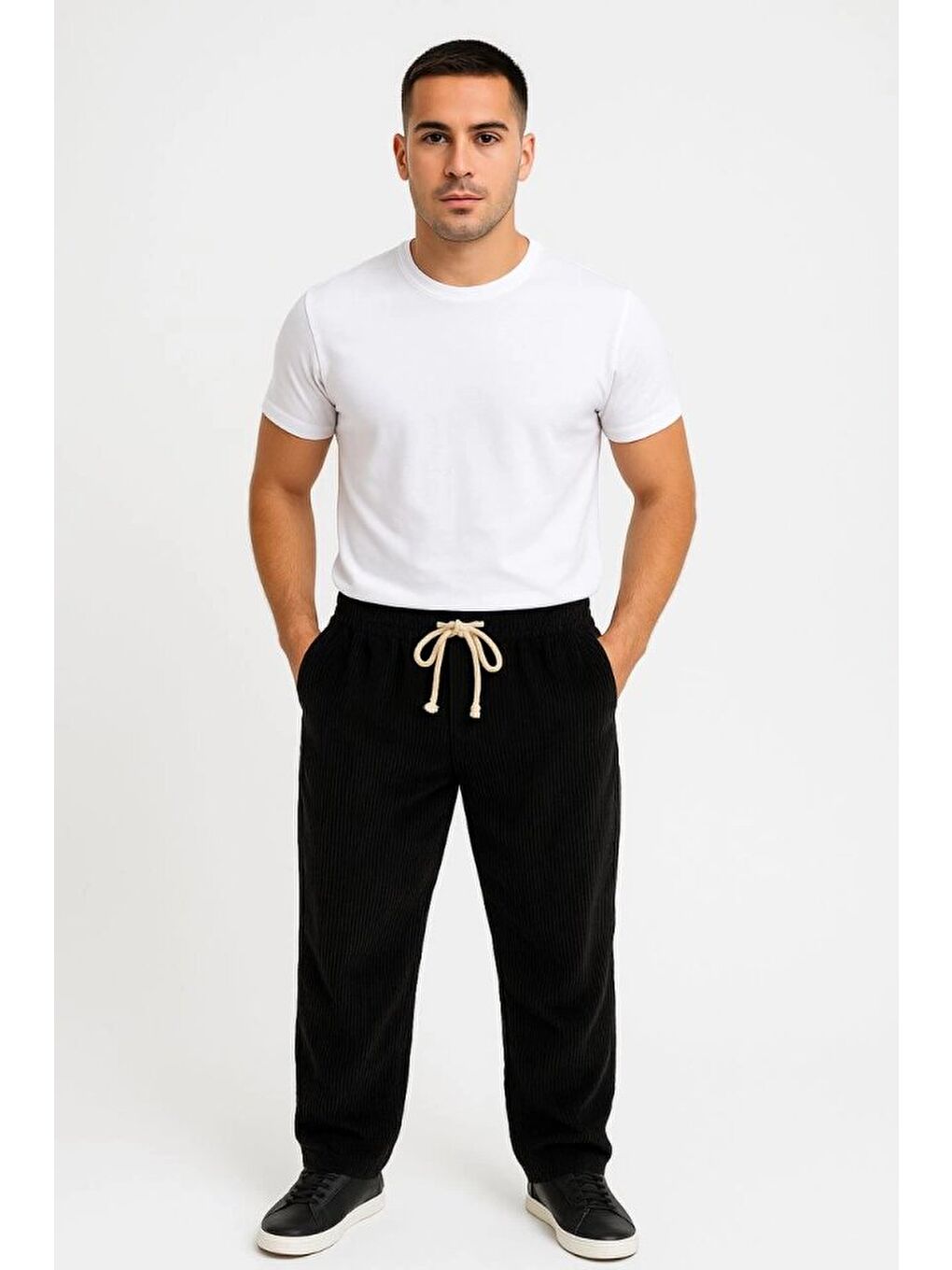 Siyah Erkek Fitilli Kadife Cepli Baggy Pantolon
