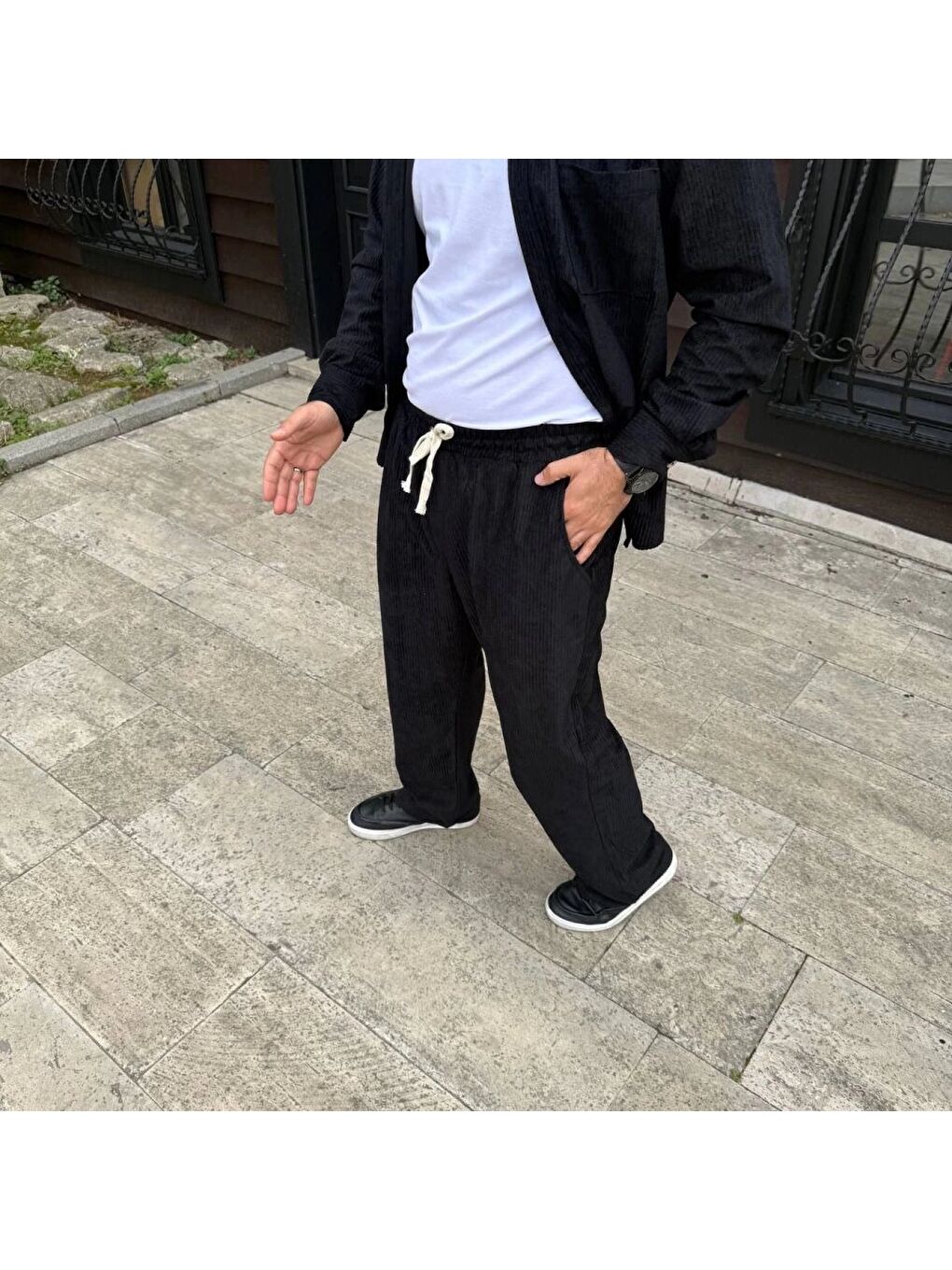 Siyah Erkek Fitilli Kadife Cepli Baggy Pantolon-1