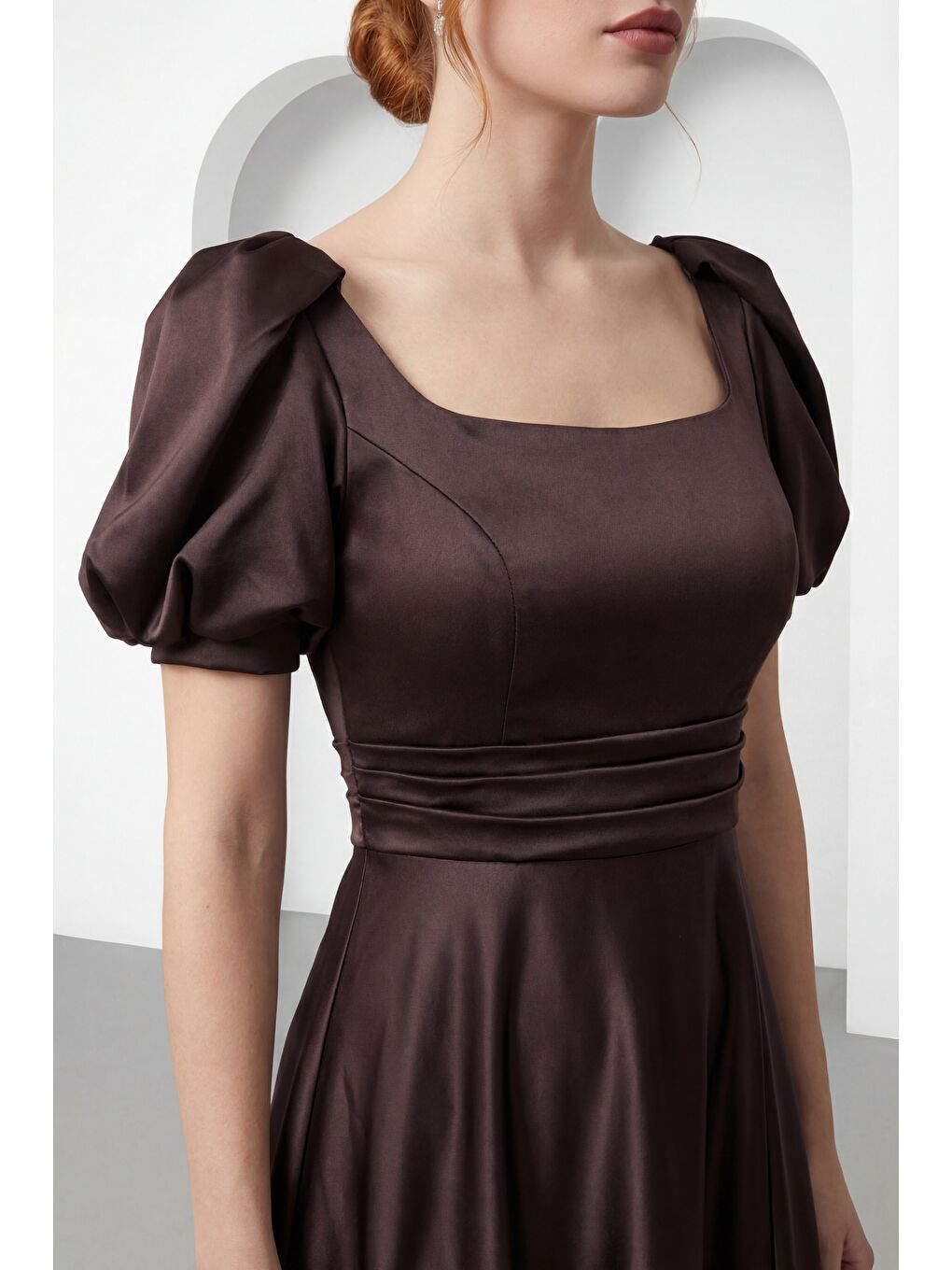 Kadın Kahverengi Kare Yaka Balon Kol Yırtmaçlı Söz Nişan Nikah Abiye Elbise-3