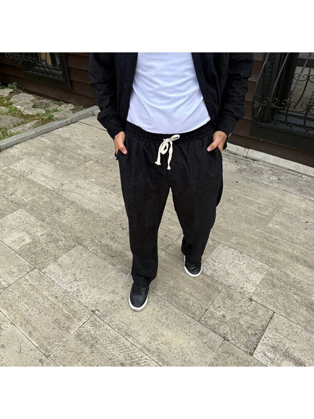 Siyah Erkek Fitilli Kadife Cepli Baggy Pantolon-2